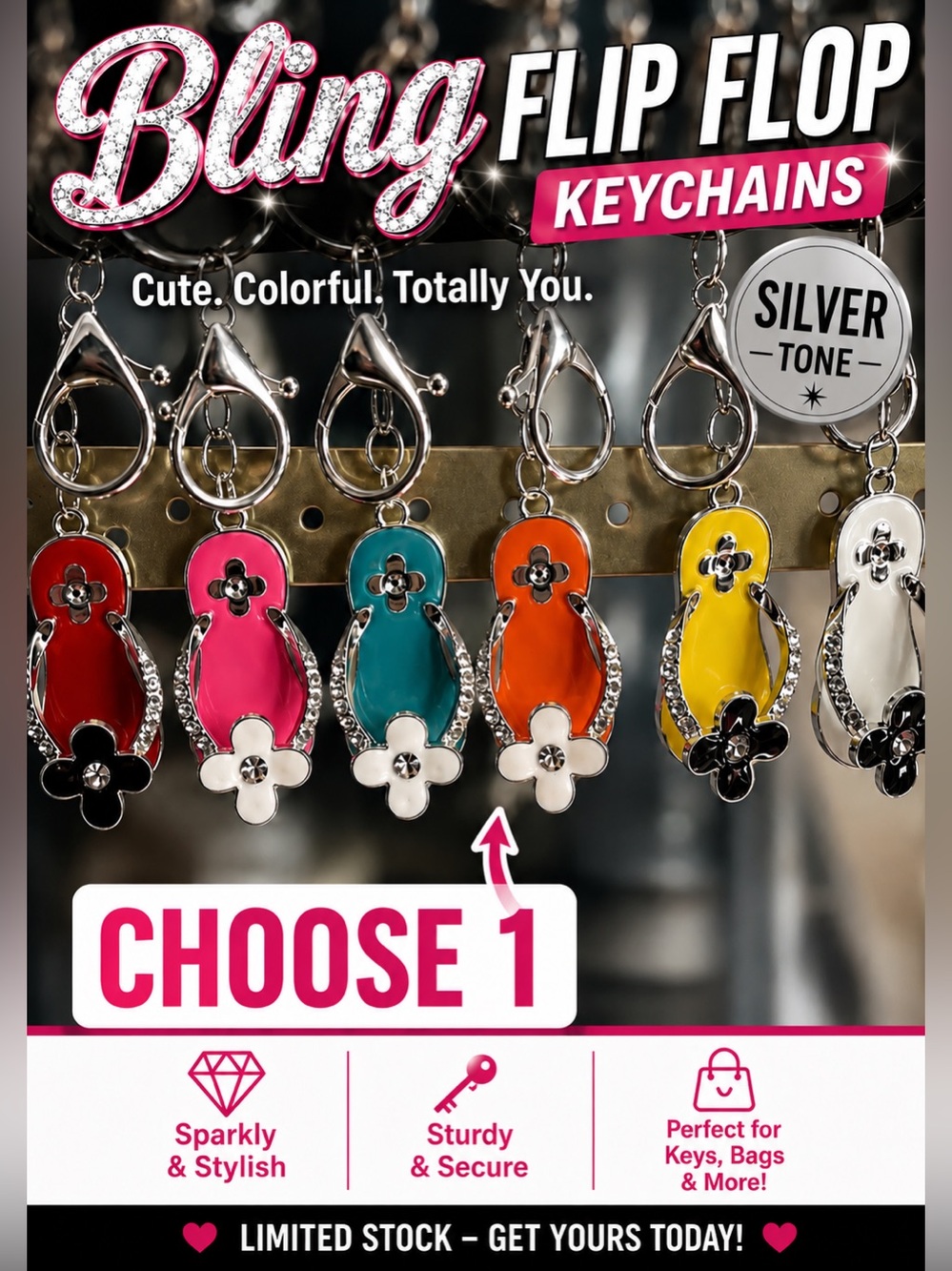 Mini Flip-Flop Bling Keychain in Silver Tone-Choose 1